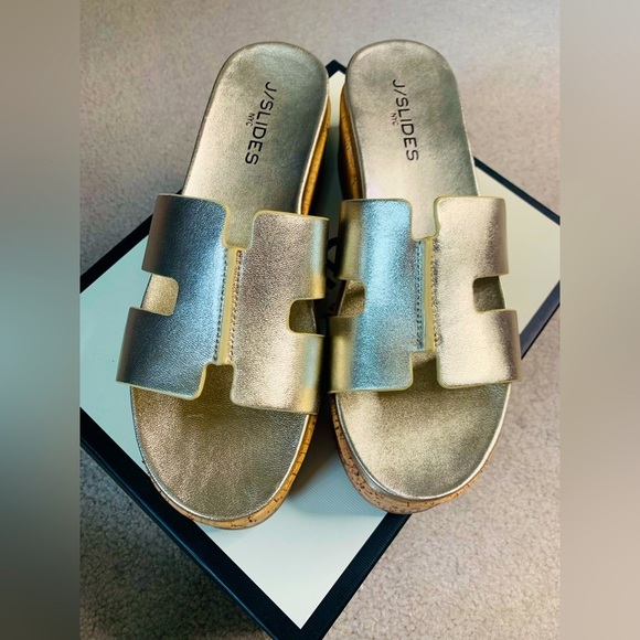 NIB J/Slides NYC Queenie Gold Leather Upper Cork Sole Sandal Women Size 8m - Picture 3 of 13